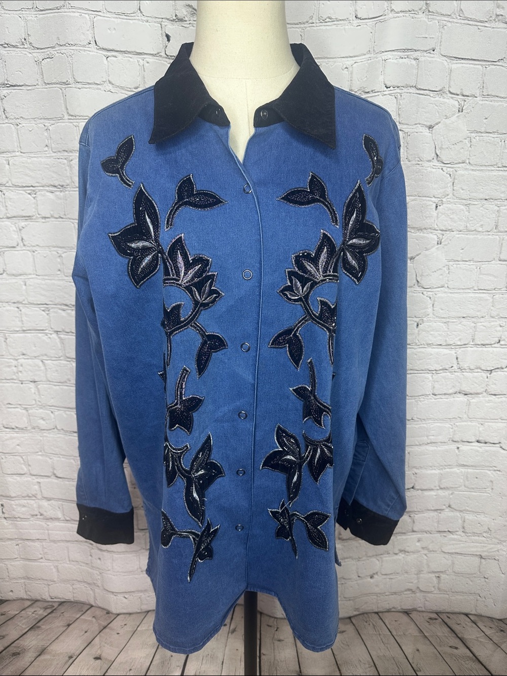 Y2K Victor Costa Occasion Blue Embellished Western Snap Shirt Jacket L
